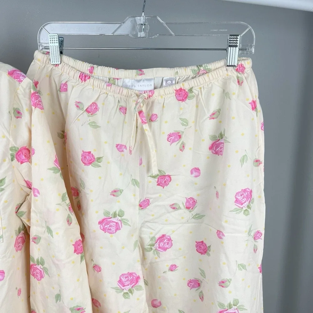 Vintage Lord & Taylor Pajama Set Womens M Yellow Pink Rose Floral 2 Pc Cottage‎